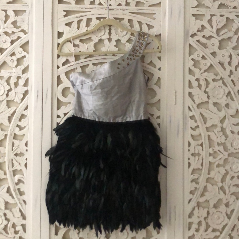 Custom silk one shoulder dress w/ feathered skirt